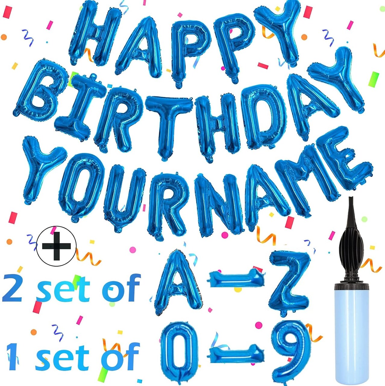76pcs Happy Birthday Balloon Banner – Blue 16" Mylar Foil Letters, Includes 2 Sets A-Z, 0-9 Numbers, “HAPPY BIRTHDAY” Letters & Balloon Pump – Personalized Birthday Party Decorations